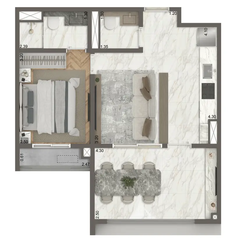 Planta 1 dormitório – opção de planta 47 m²
