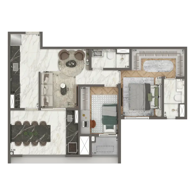 Planta 2 dormitórios 69 m²