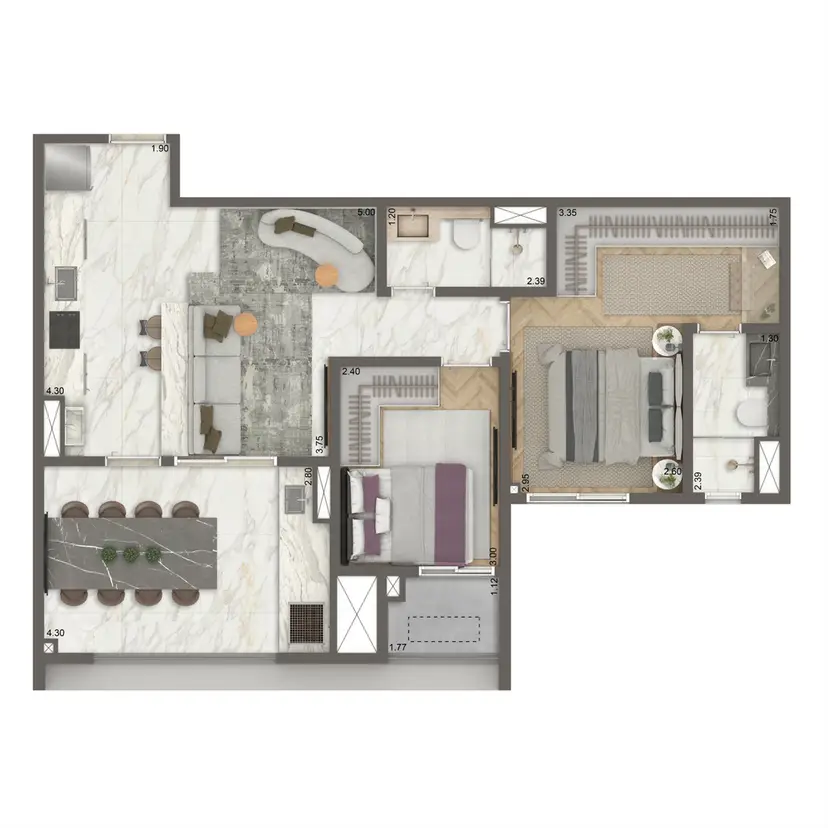 Planta 2 dormitórios – opção de planta 69 m²