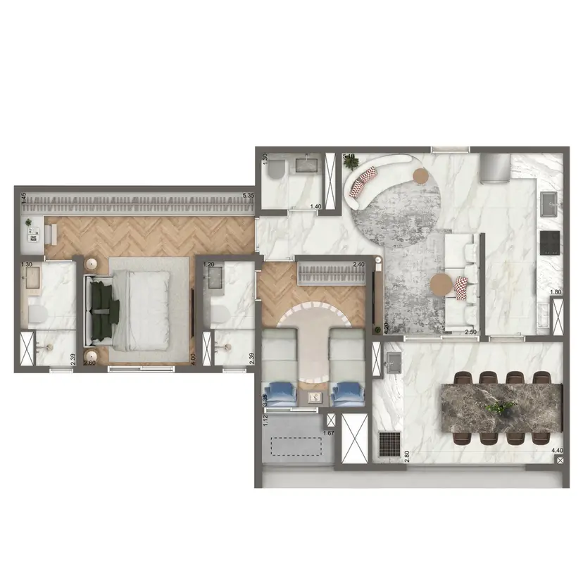 Planta 2 dormitórios 75 m²