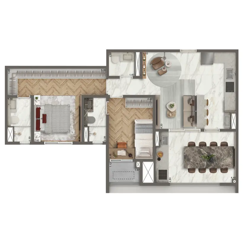 Planta 2 dormitórios – opção de planta 75 m²