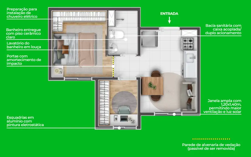 Planta 1 dormitório 26,66 m²