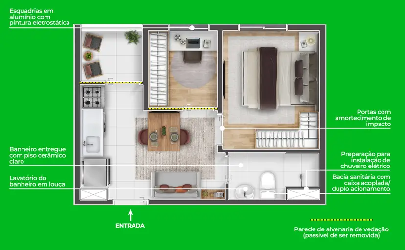 Planta 1 dormitório 27,32 m²