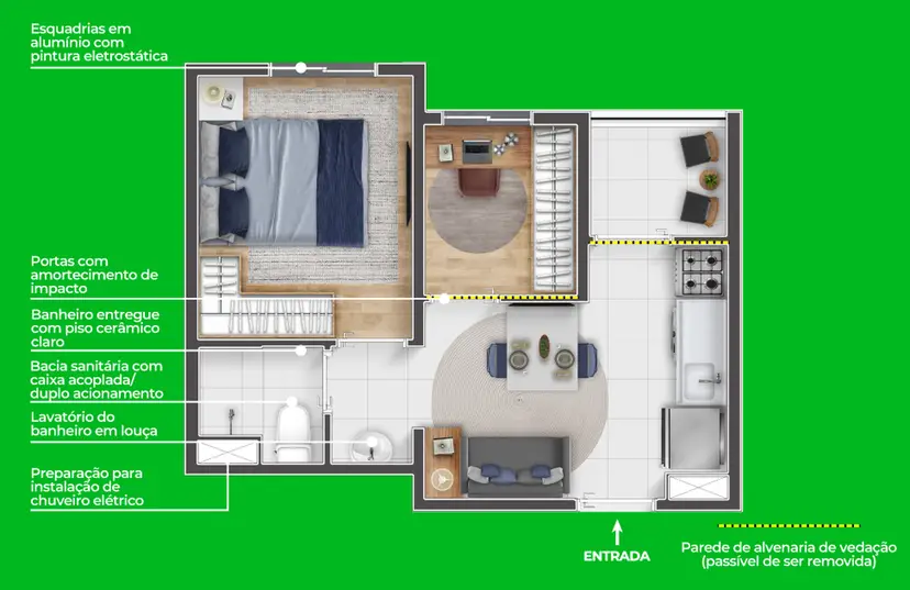 Planta 1 dormitório 27,85 m²