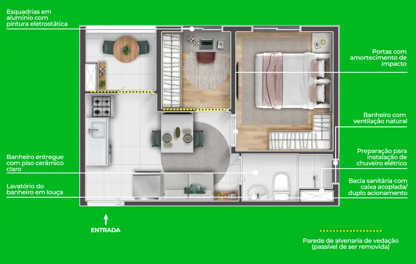 Planta 1 dormitório 28,34 m²