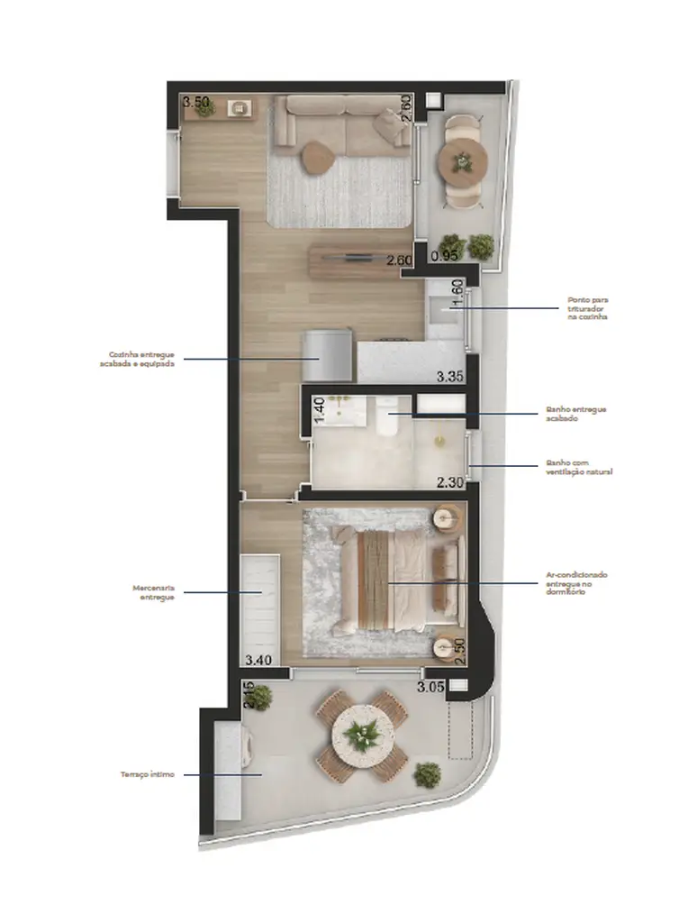 Planta 1 dormitório 45 m²