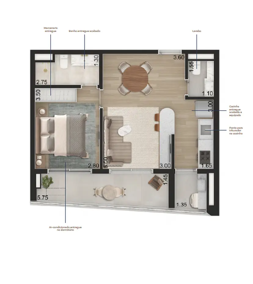 Planta 1 dormitório 55 m²