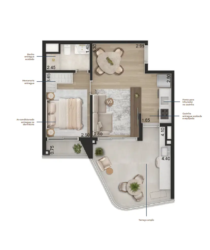 Planta 1 dormitório 57 m²