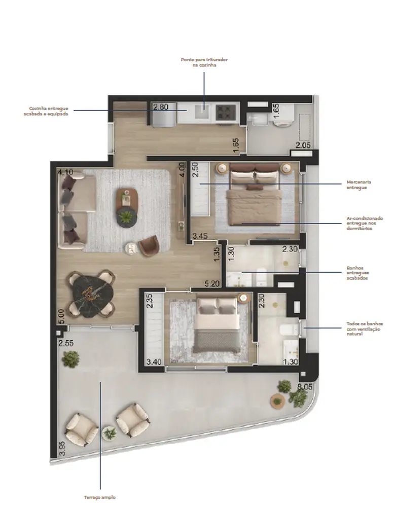 Planta 2 dormitórios 84 m²