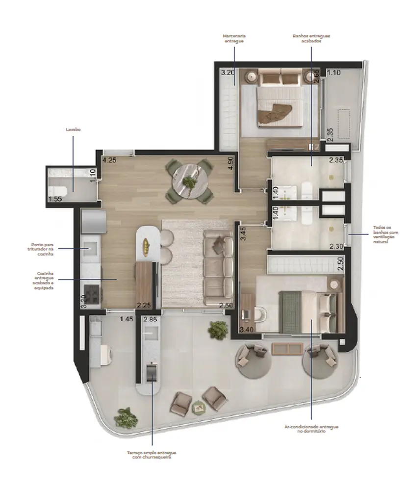 Planta 2 dormitórios 90 m²