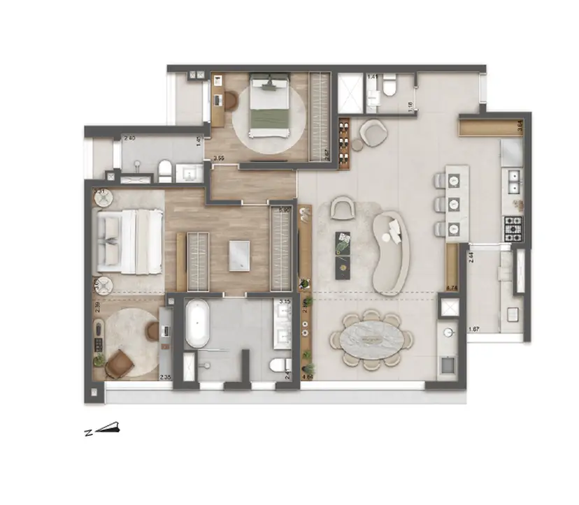 Planta 2 dormitórios – opção de planta 114 m²