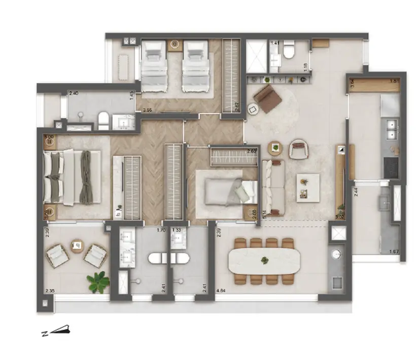 Planta 3 dormitórios 114 m²