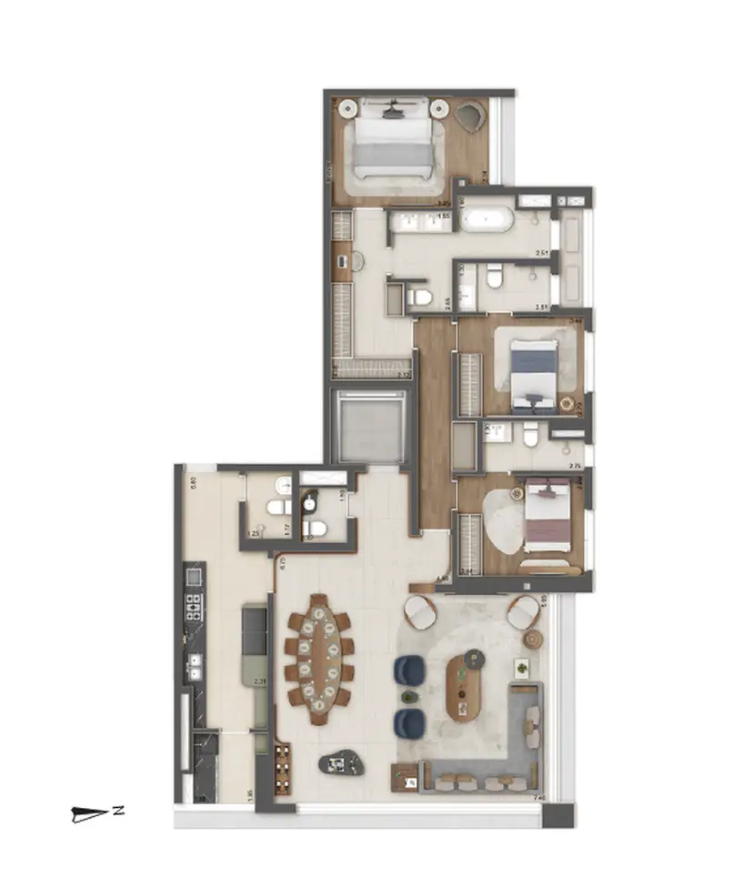 Planta 3 dormitórios 157 m²
