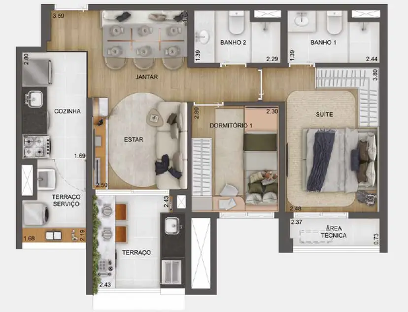 Planta 2 dormitórios 63 m²