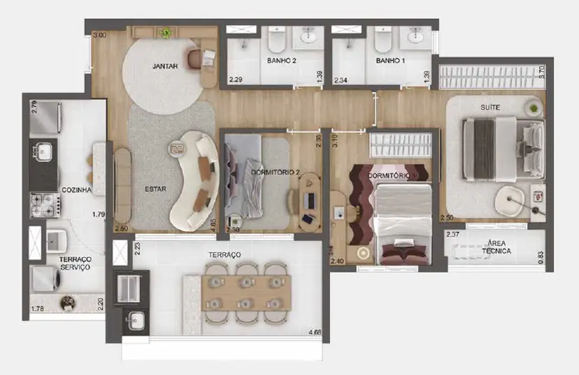 Planta 3 dormitórios 79 m²