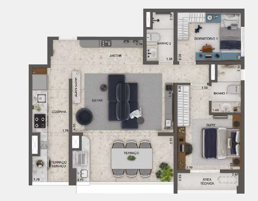 Planta 2 dormitórios – opção de planta 82 m²