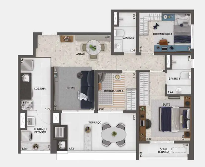 Planta 3 dormitórios 82 m²