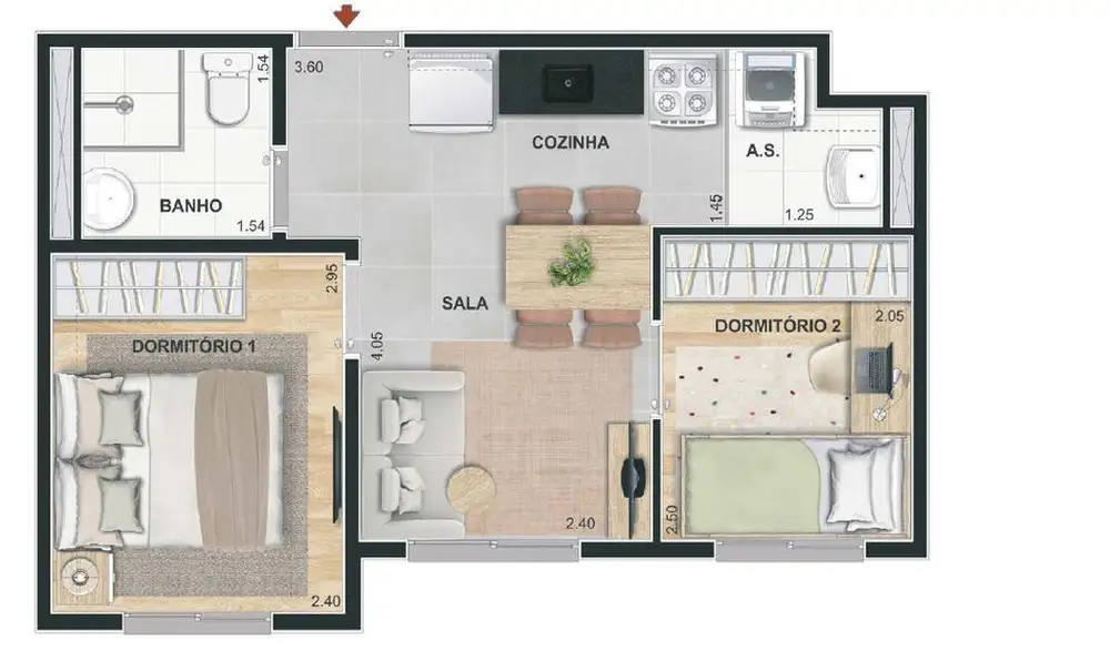 Planta 2 dormitórios 32,31 m²