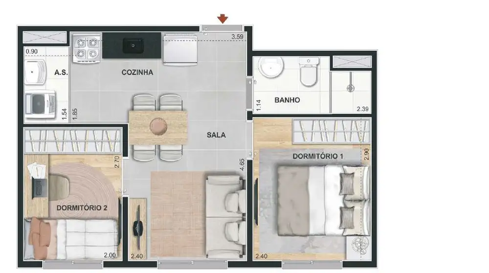 Planta 2 dormitórios 34,58 m²
