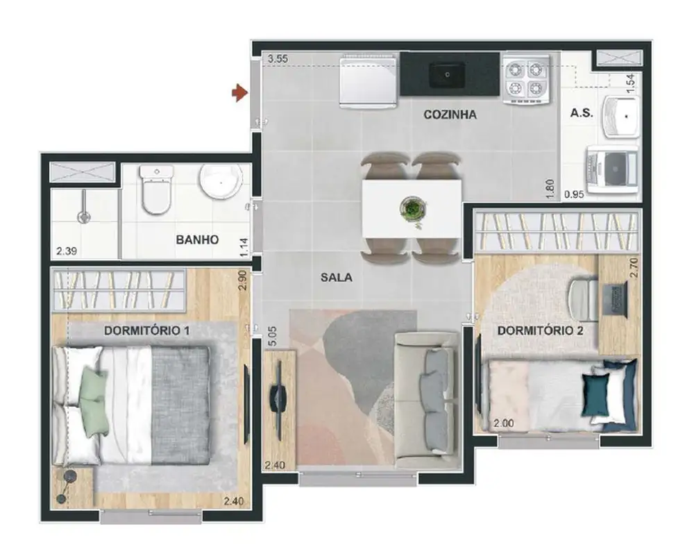 Planta 2 dormitórios 35,42 m²