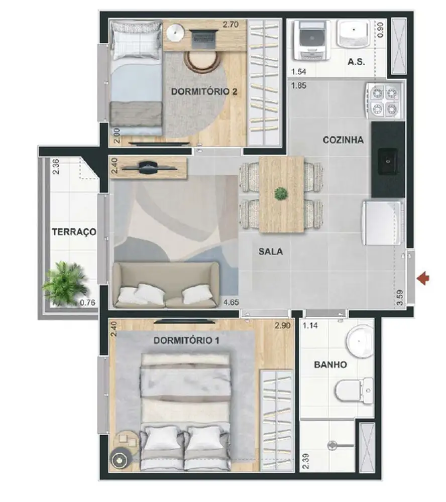 Planta 2 dormitórios 36,08 m²