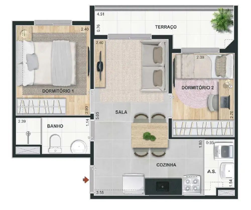 Planta 2 dormitórios 40,94 m²