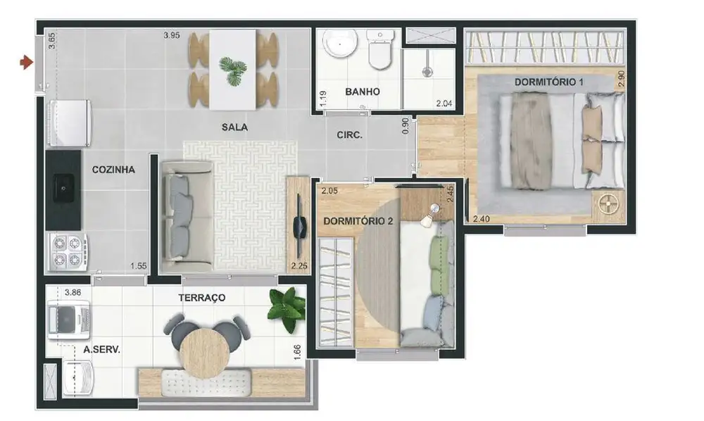Planta 2 dormitórios 42,37 m²