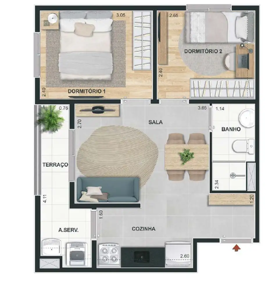 Planta 2 dormitórios 42,87 m²