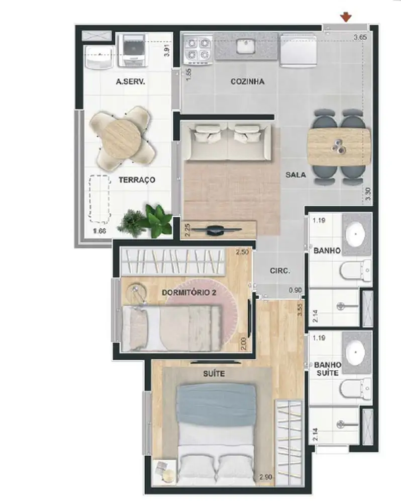 Planta 2 dormitórios 44,73 m²