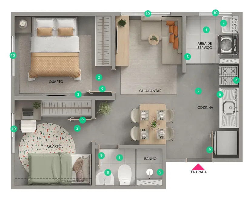 Planta 2 dormitórios 34,09 m²