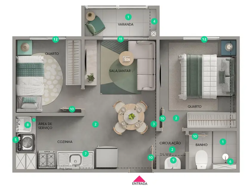 Planta 2 dormitórios 35,04 m²