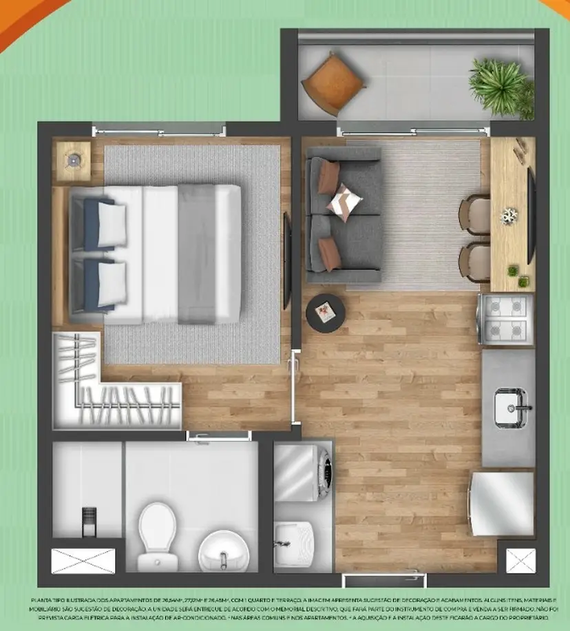 Planta 1 dormitório 27 m²