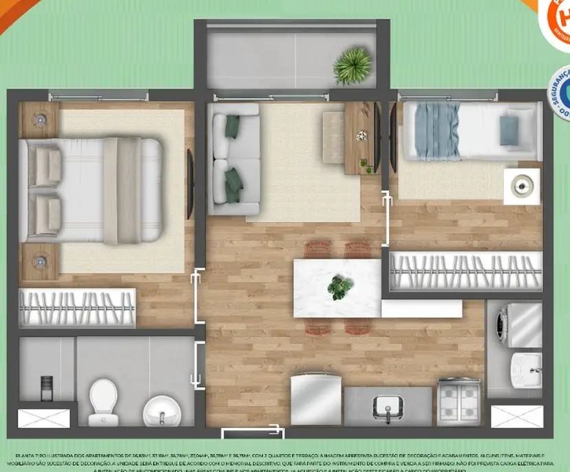 Planta 2 dormitórios 37 m²