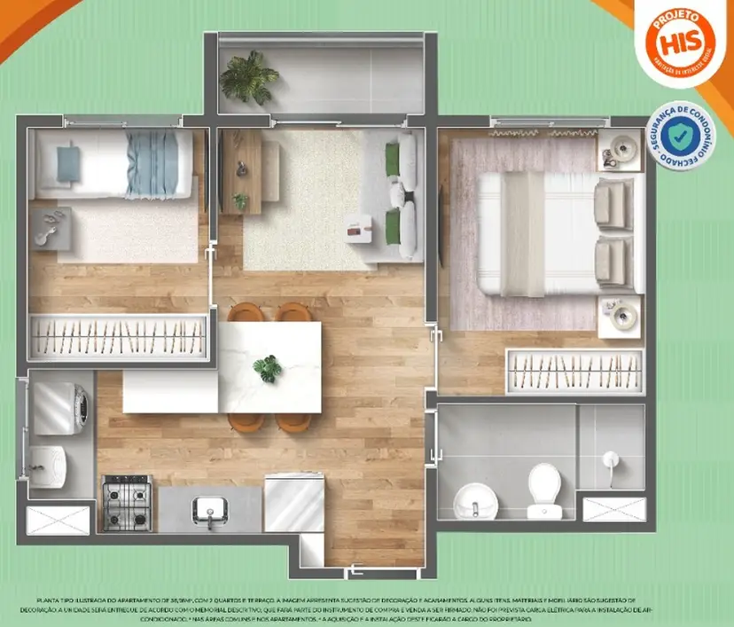 Planta 2 dormitórios 39 m²