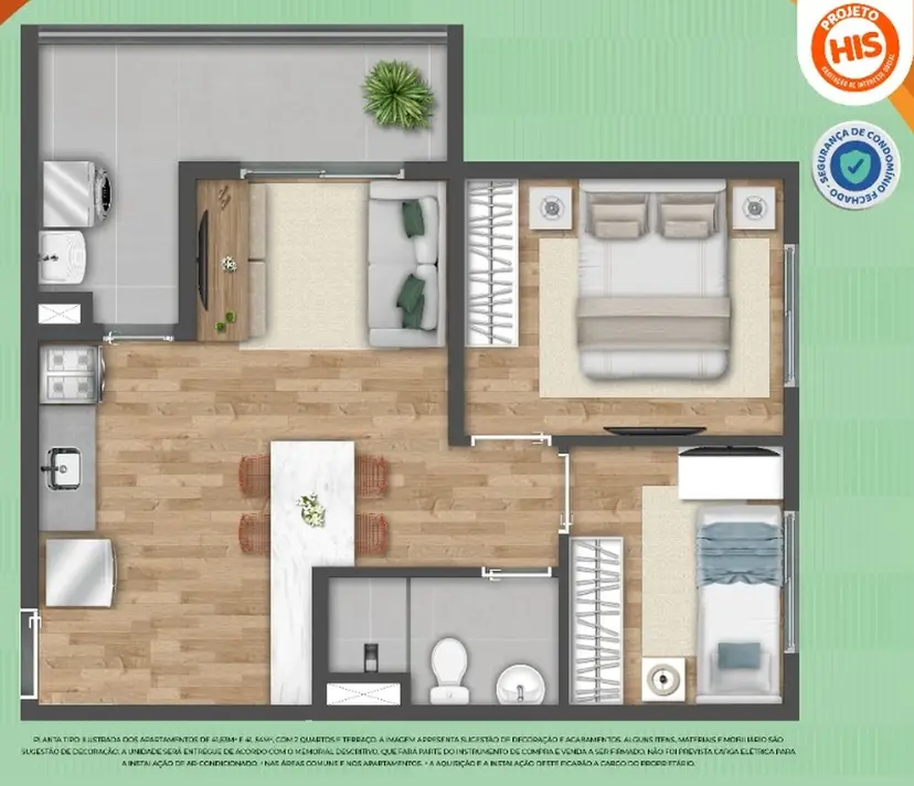 Planta 2 dormitórios 42 m²