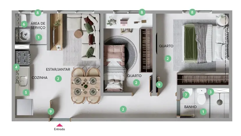 Planta 2 dormitórios 37 m²