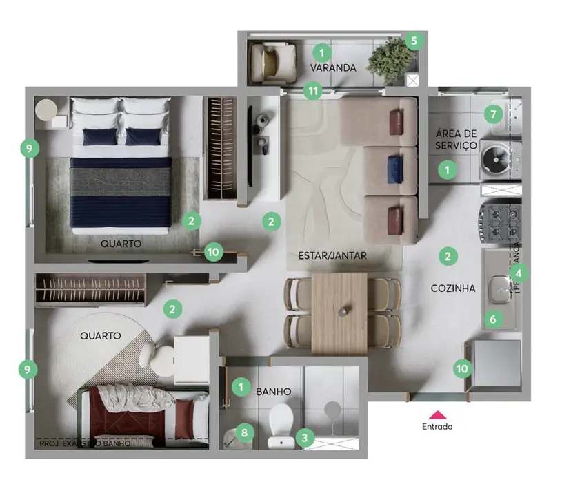 Planta 2 dormitórios 39 m²
