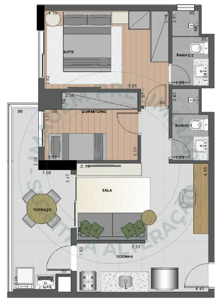 Planta 2 dormitórios 60 m²
