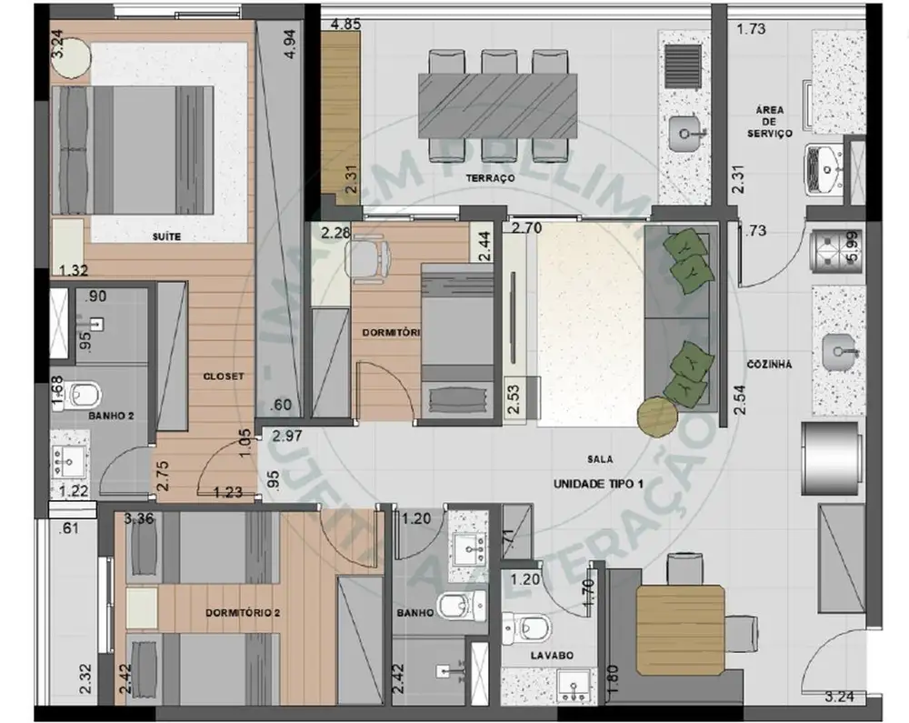 Planta 3 dormitórios 90 m²