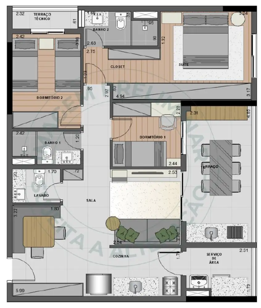 Planta 3 dormitórios – opção de planta 90 m²