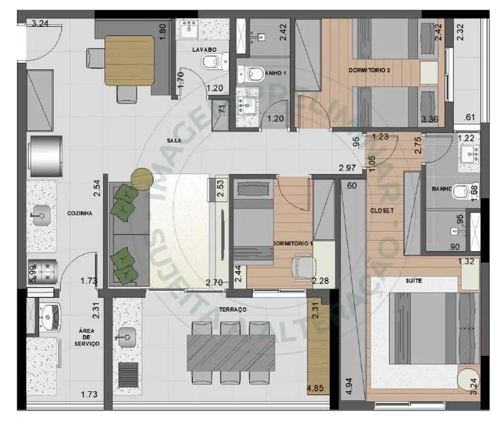 Planta 3 dormitórios 91 m²
