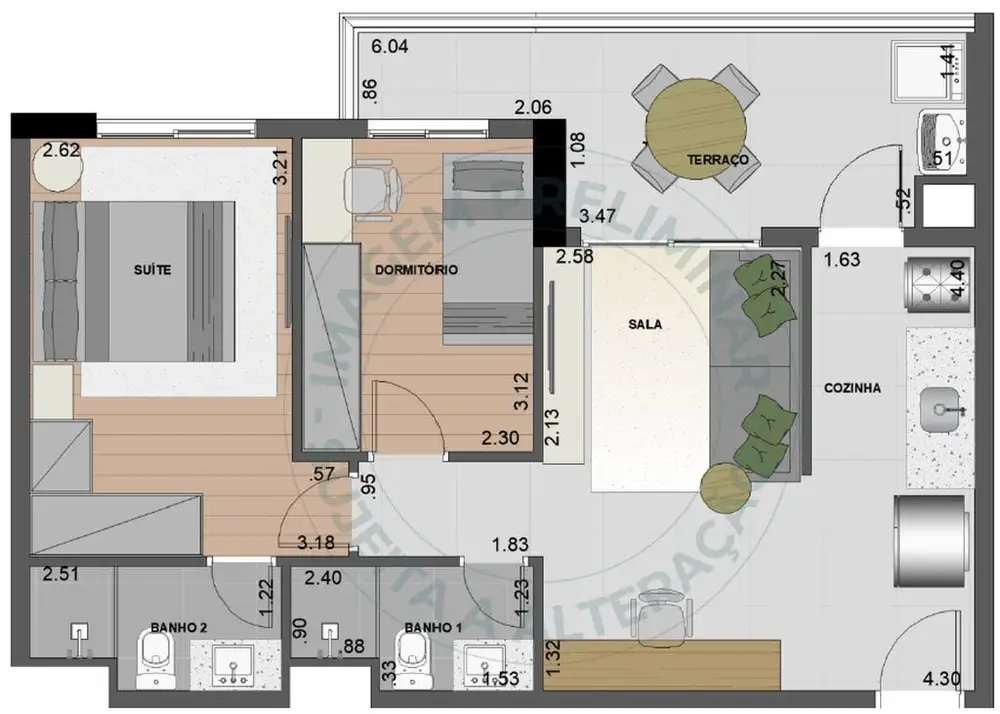 Planta 2 dormitórios 62 m²