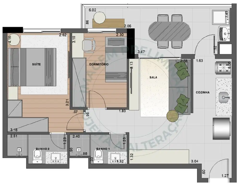 Planta 2 dormitórios 63 m²