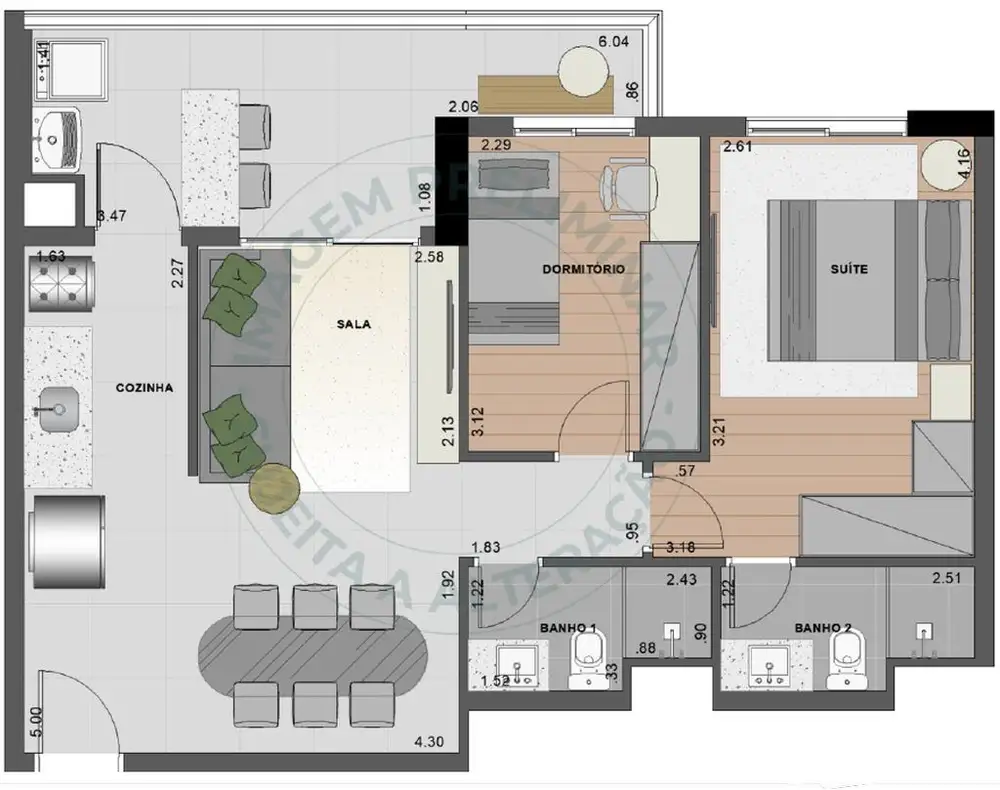 Planta 2 dormitórios 64 m²