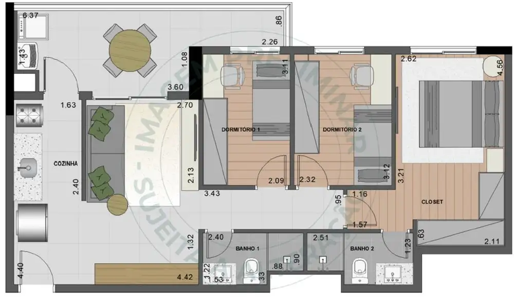 Planta 3 dormitórios 74 m²