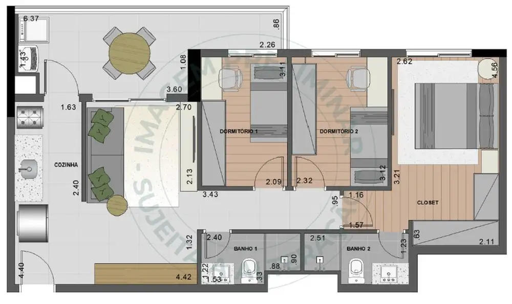 Planta 3 dormitórios 75 m²
