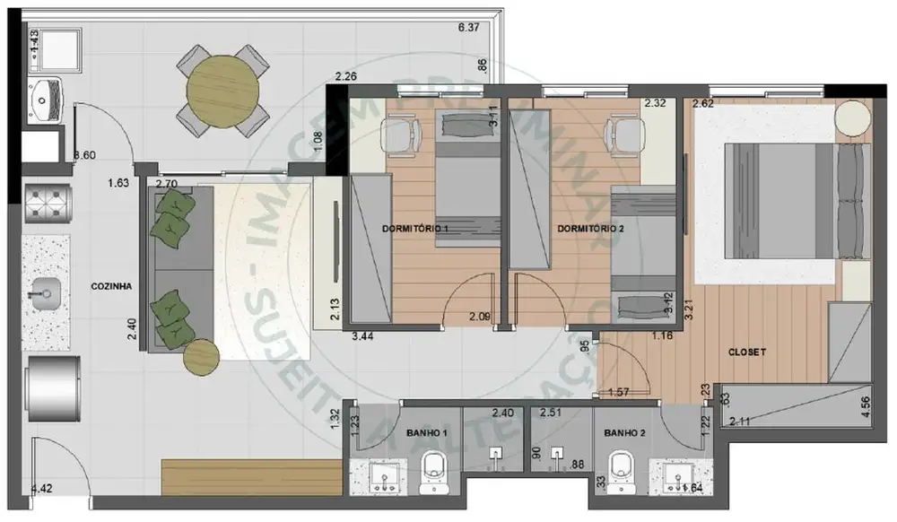 Planta 3 dormitórios 77 m²