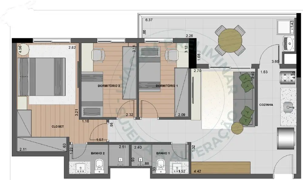 Planta 3 dormitórios – opção de planta 77 m²