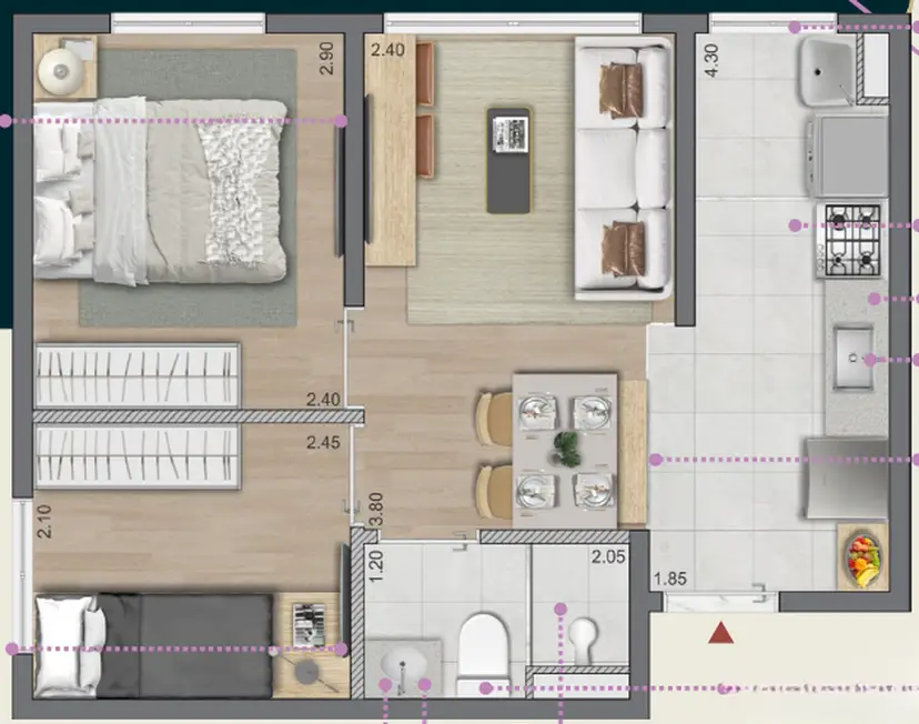 Planta 2 dormitórios 34,82 m²