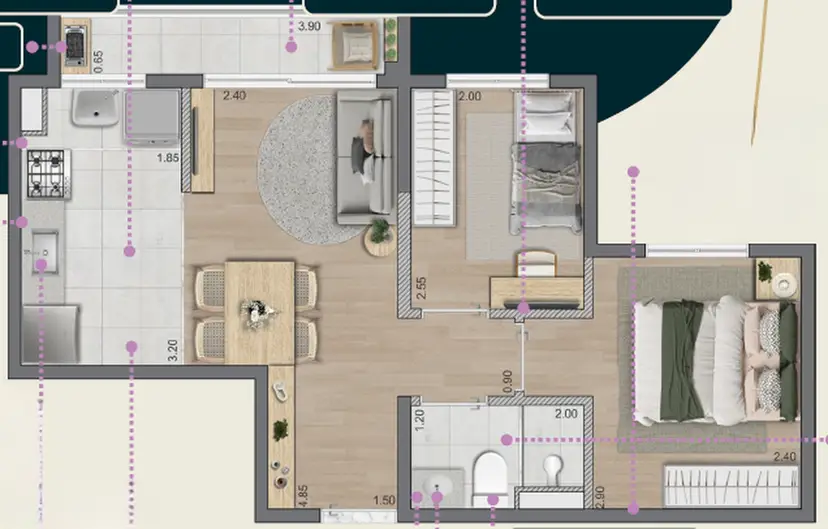 Planta 2 dormitórios 41,24 m²